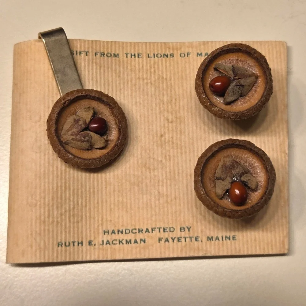 Ruth E Jackman Handcrafted Acorn Cufflinks & Tie Clip Set Fayette Maine Gift